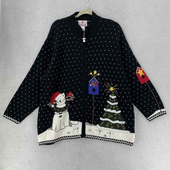 VINTAGE Quacker Factory Christmas Cat Sweater Womens Size 1X Zip Up Kitty Tree - Picture 1 of 13